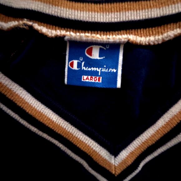 VTG 80s Champion Sweatshirt Mens M L Blue Tan Velour Striped VNeck Retro Indie - Picture 2 of 6